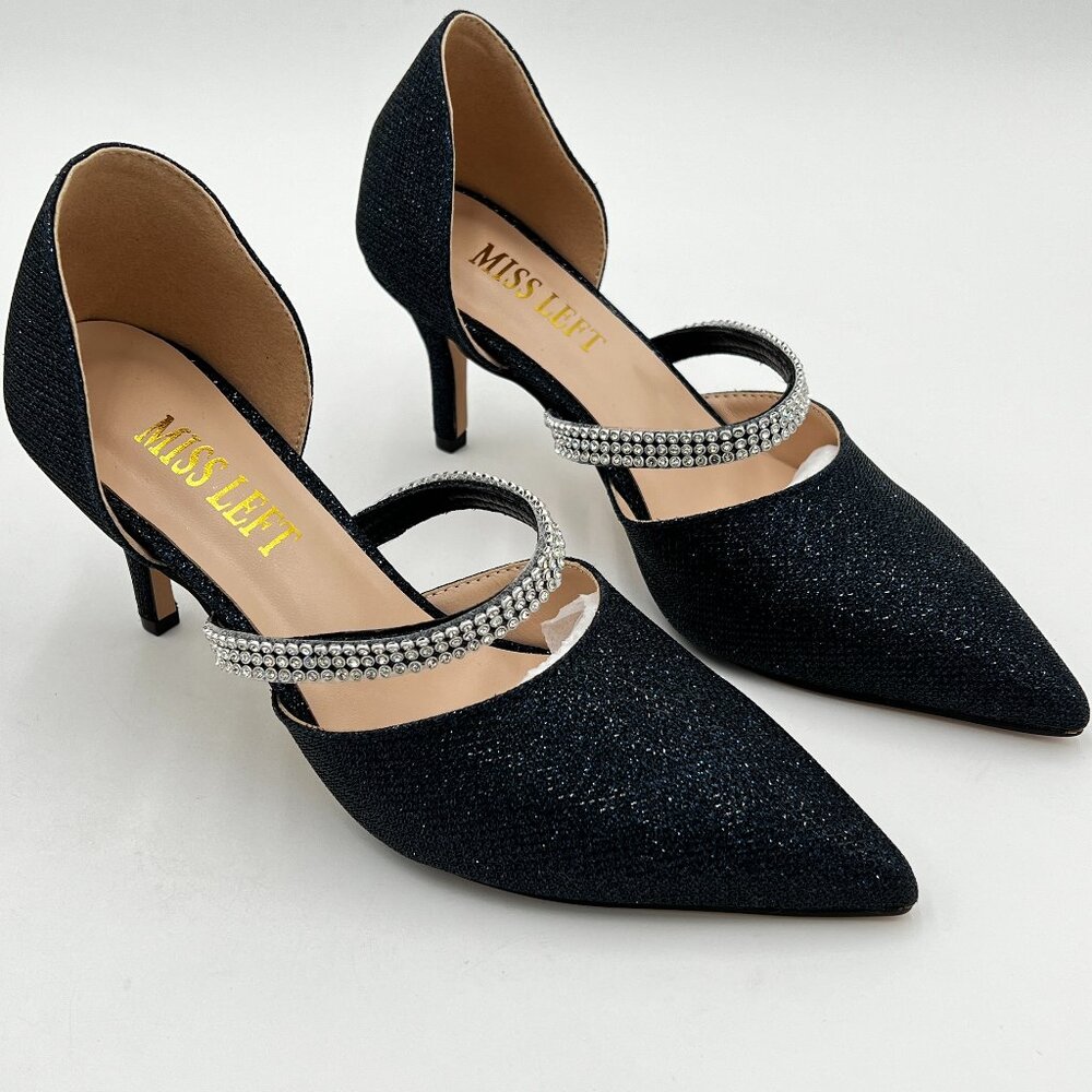 Miss left Black Rhinestone Strap Closed Pointy Toe Pump Mid Heel Slip On D'Orsay